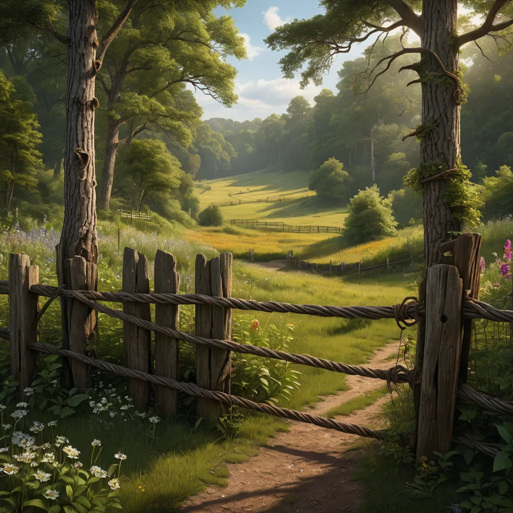 a painting of a country road with a fence and flowers in the foreground and a field in the background, american scene painting, a detailed matte painting, Chris LaBrooy, cinematic matte painting