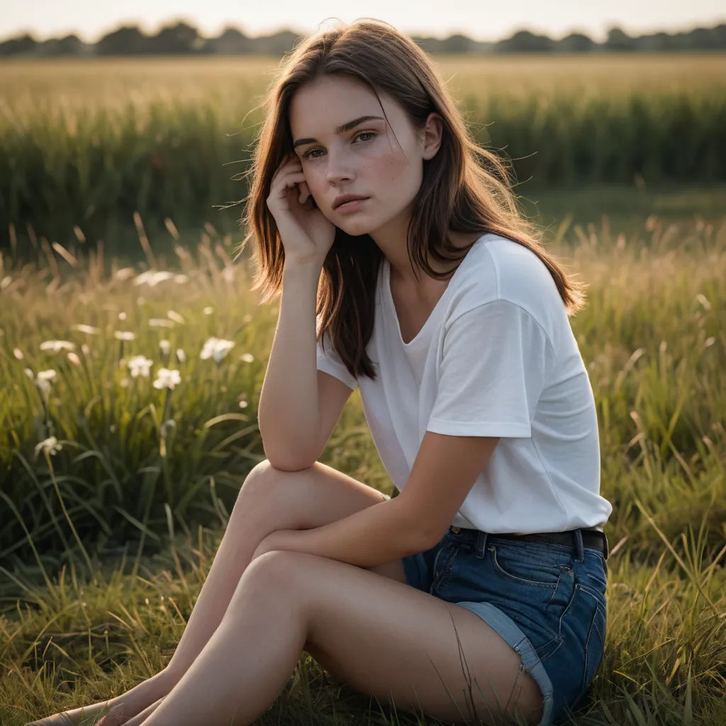 a woman sitting in a field of grass with her hand on her face and her hand on her cheek, color field, a character portrait, Annabel Eyres, portrait photography