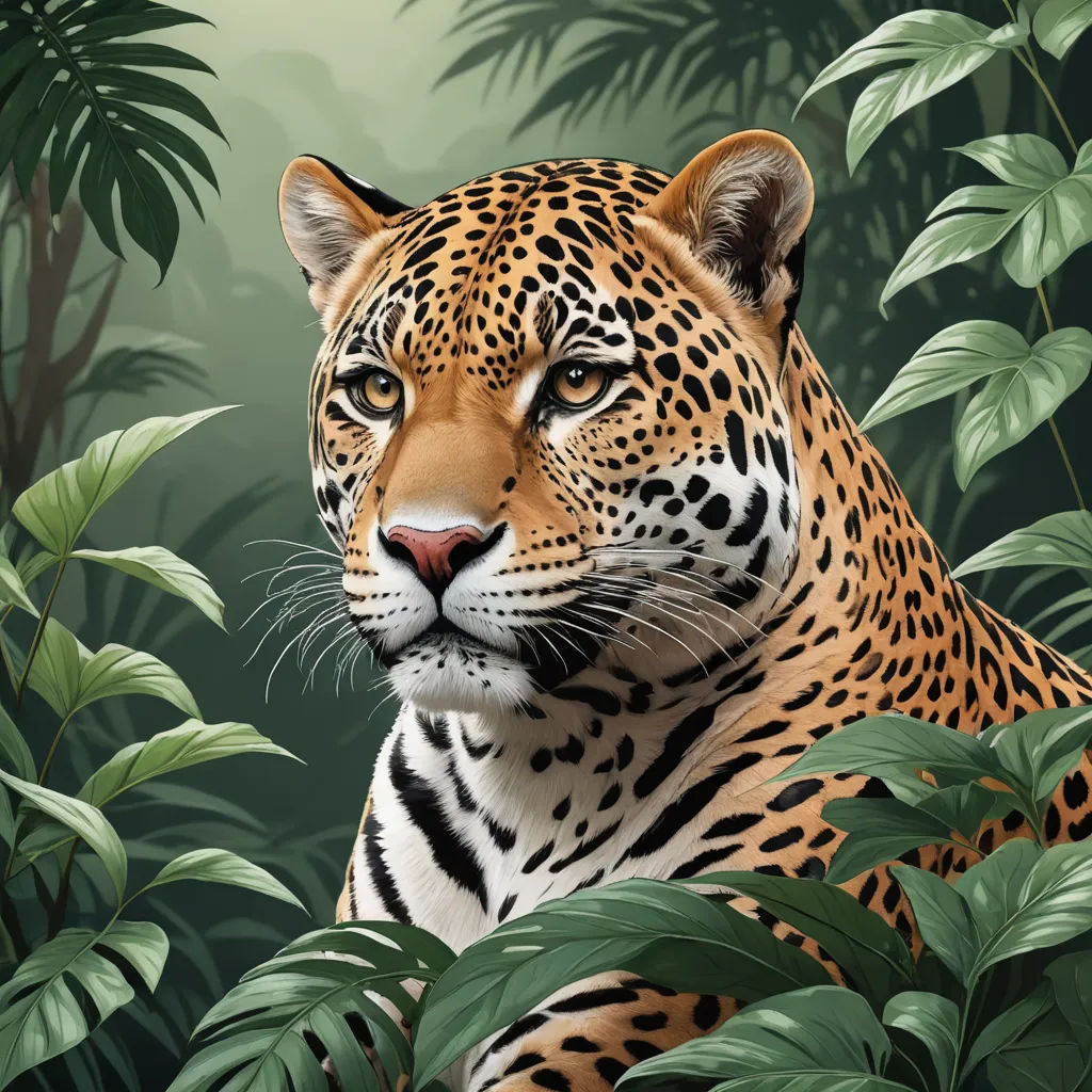 a painting of a leopard in a jungle setting with green leaves and plants around it, with a green background, sumatraism, an airbrush painting, Carlos Catasse, highly detailed digital painting