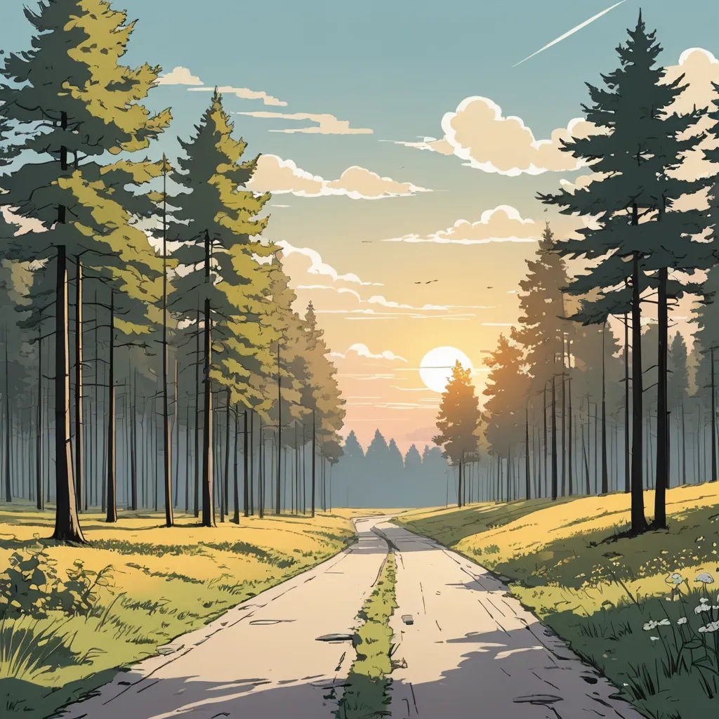 a painting of a road in the middle of a forest with trees on both sides of it and a sun setting in the distance, environmental art, a comic book panel, Atey Ghailan, sun