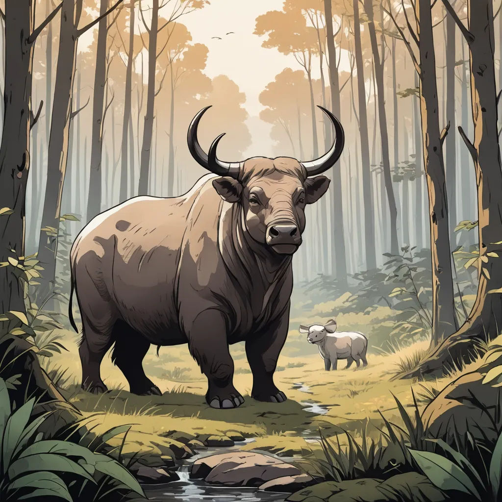 a bull and a sheep are standing in the woods near a stream of water and trees, with a sun shining through the trees, sumatraism, a storybook illustration, Dan Mumford, comic cover art