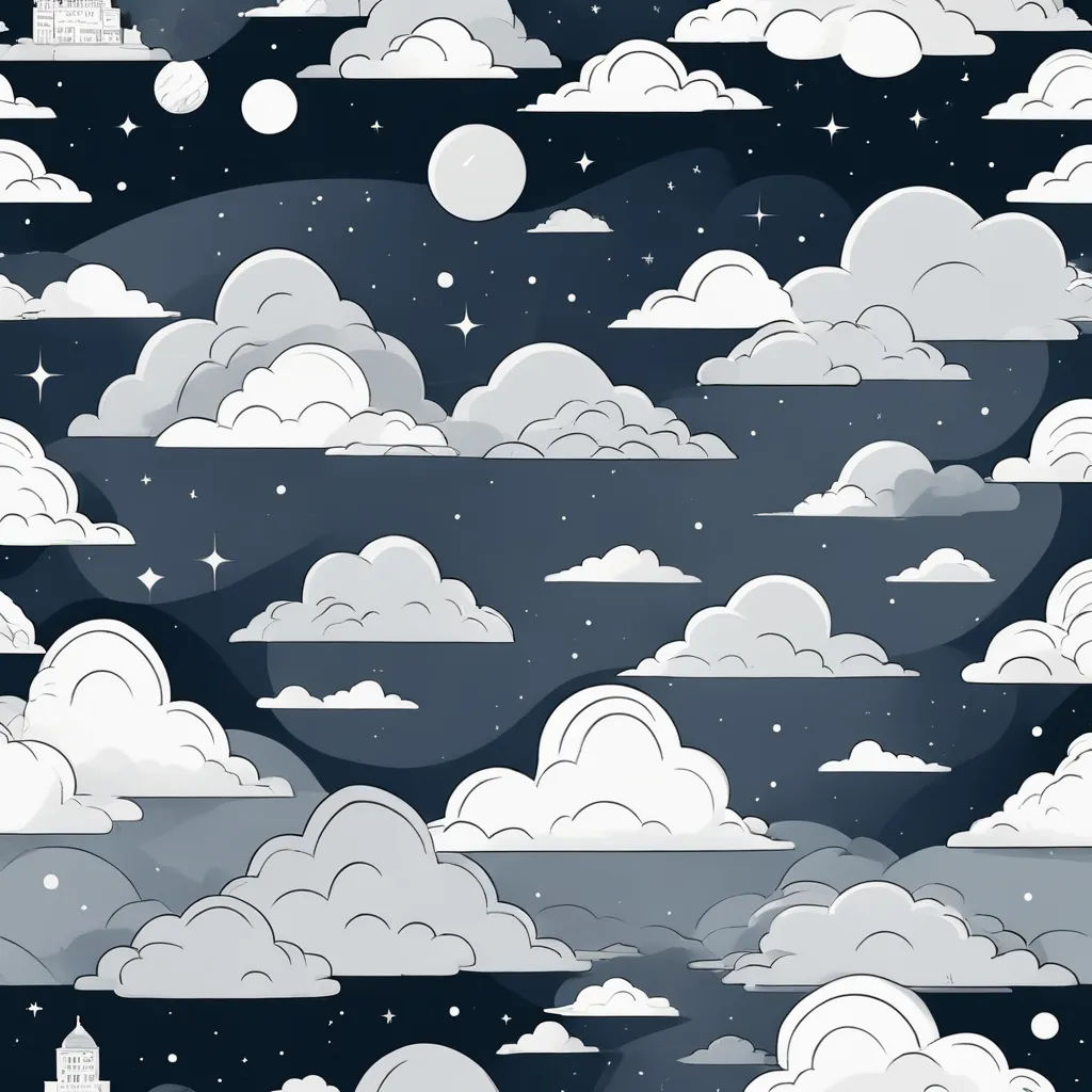 a night sky with clouds and stars and a full moon in the distance with a building in the distance, space art, a matte painting, Annabel Kidston, night sky