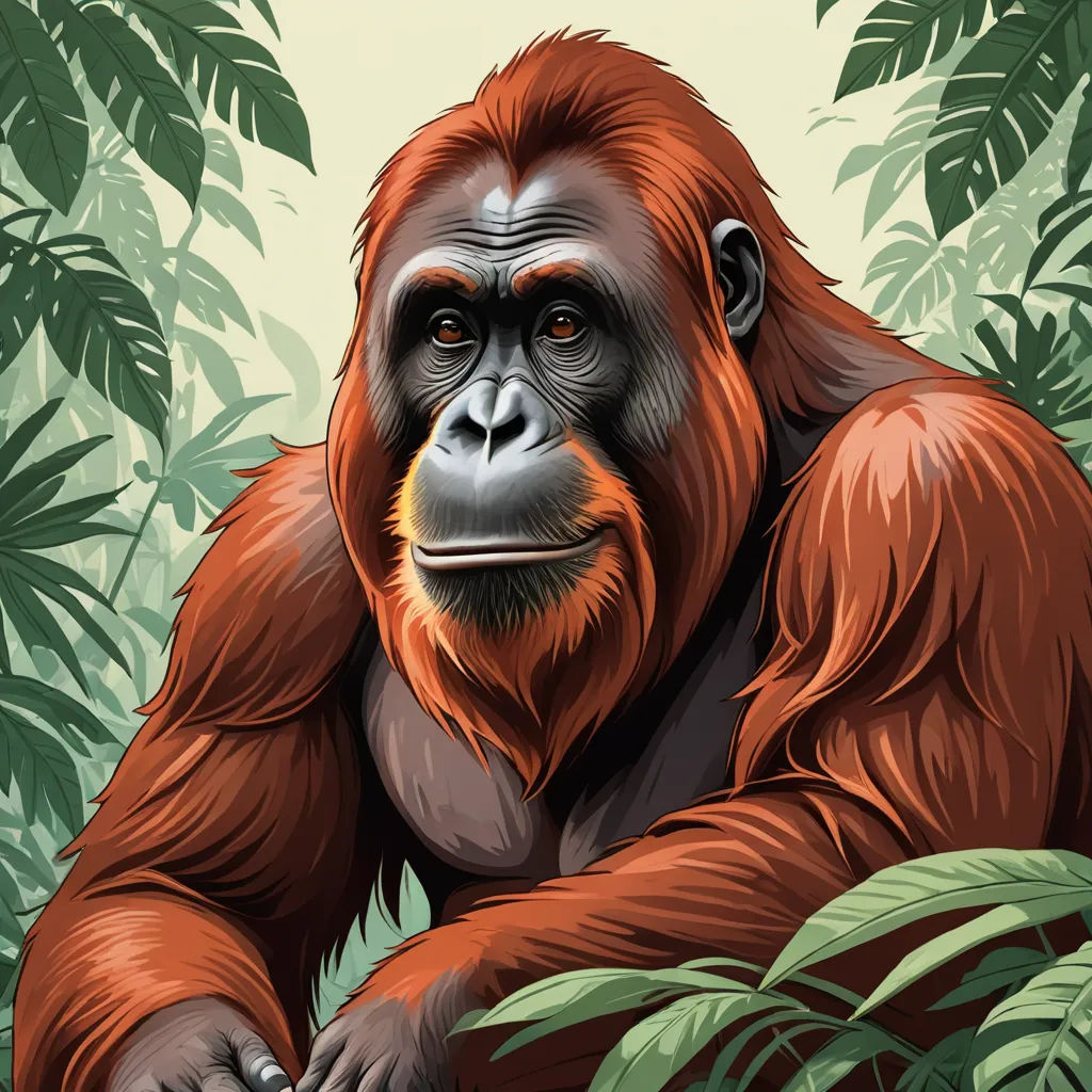 a big brown gorilla sitting in the jungle with leaves on the ground and looking at the camera with a serious look on his face, sumatraism, an illustration of, Alex Petruk APe, highly detailed digital painting