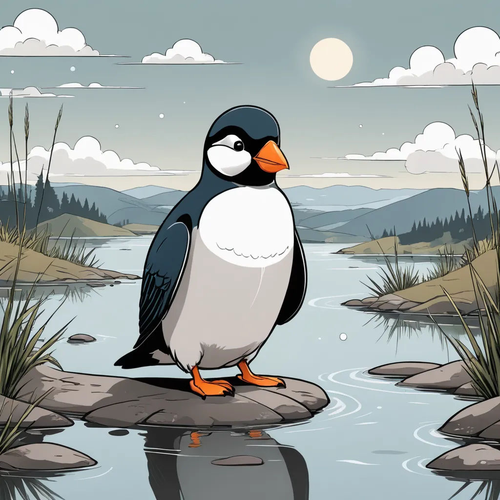 a cartoon penguin standing on a rock in a river with a full moon in the background and clouds in the sky, environmental art, a storybook illustration, Diego Gisbert Llorens, storybook illustration