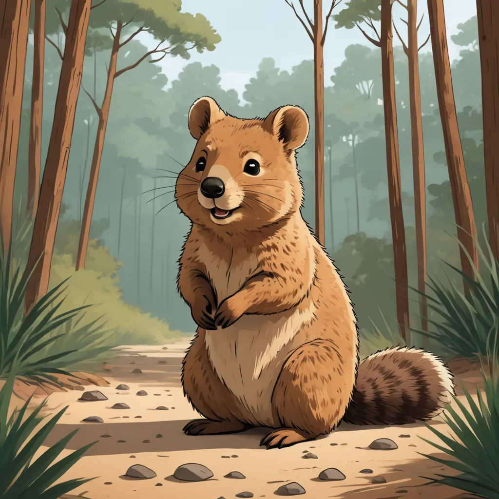 a cartoon of a groundhog sitting in the middle of a forest with trees and rocks around it, with a smiling face, sots art, an illustration of, Chris LaBrooy, official art