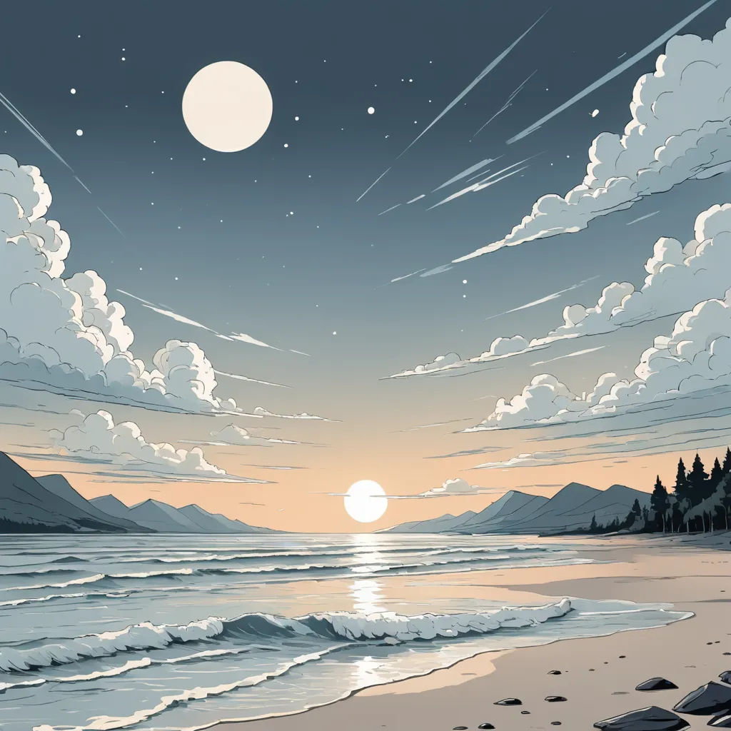 a painting of a beach with a full moon in the sky and a few clouds in the sky above, space art, a comic book panel, Dan Mumford, comic cover art