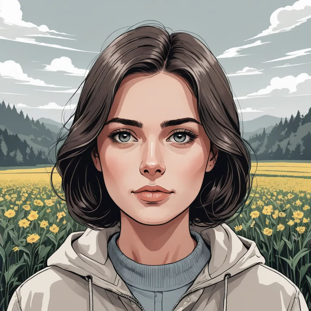 a woman with a hoodie on standing in a field of flowers with a mountain in the background and clouds in the sky, serial art, a character portrait, Atey Ghailan, trending on art station