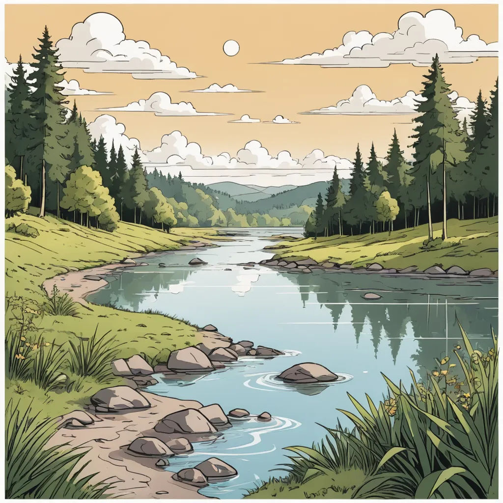 a river with rocks and grass near a forest with clouds in the sky and a sun in the sky, environmental art, a comic book panel, Dan Mumford, high detail illustration