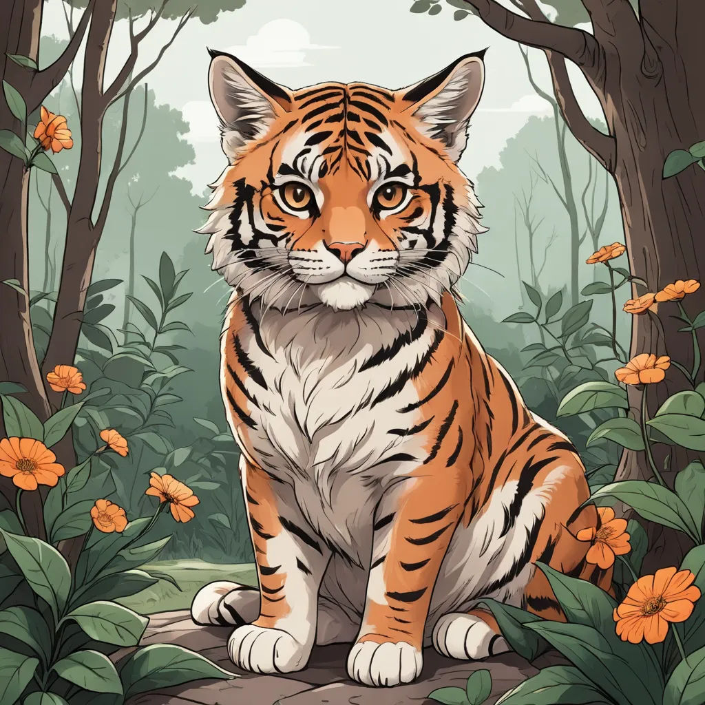 a tiger sitting in the middle of a forest with flowers around it and trees around it, with a sky background, furry art, a character portrait, Dan Mumford, trending on art station