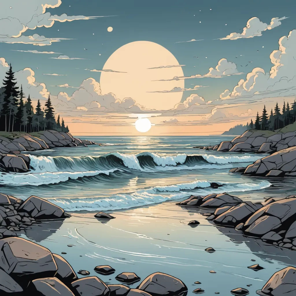 a painting of a sunset over a rocky beach with a wave coming in to shore and a full moon in the sky, space art, a comic book panel, Dan Mumford, josan gonzales and dan mumford