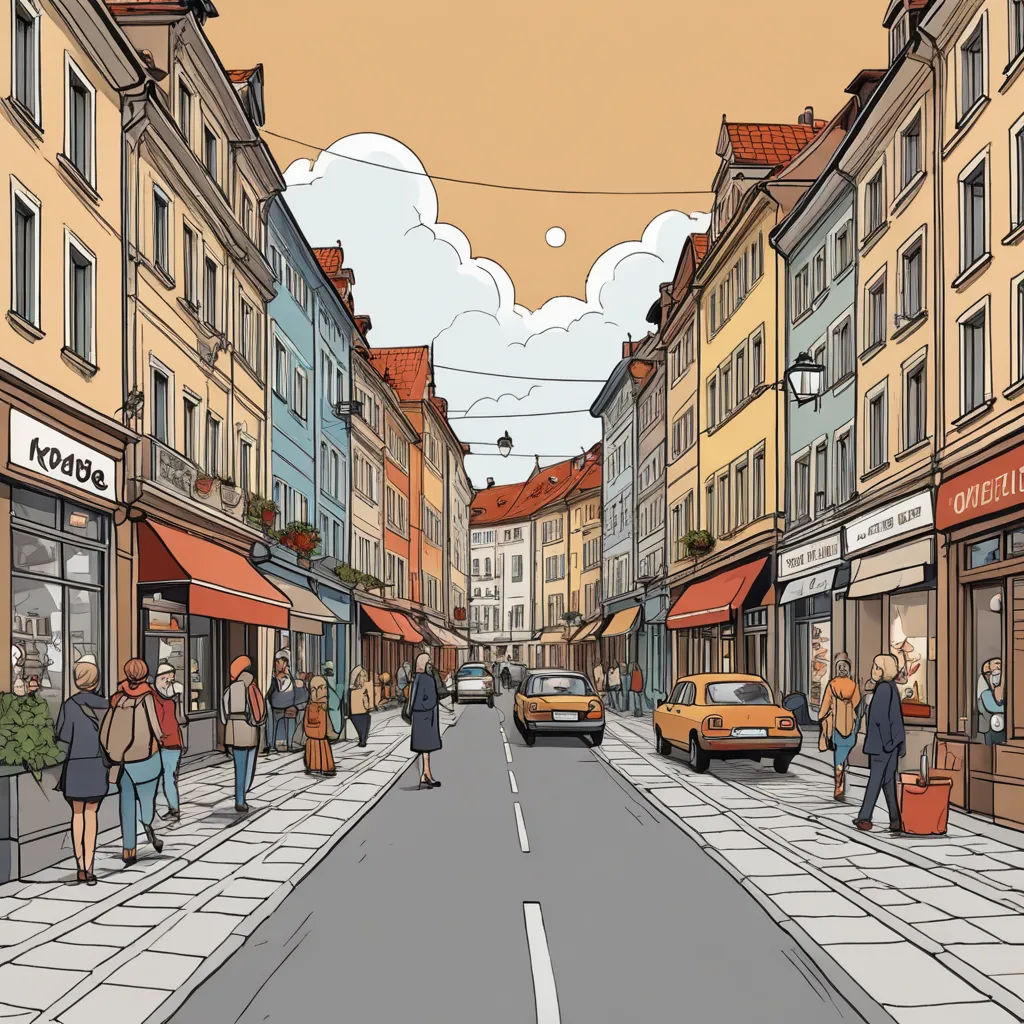 a drawing of a city street with people walking and cars driving down it, and a few buildings with shops on the side, modern european ink painting, a comic book panel, Asaf Hanuka, city background