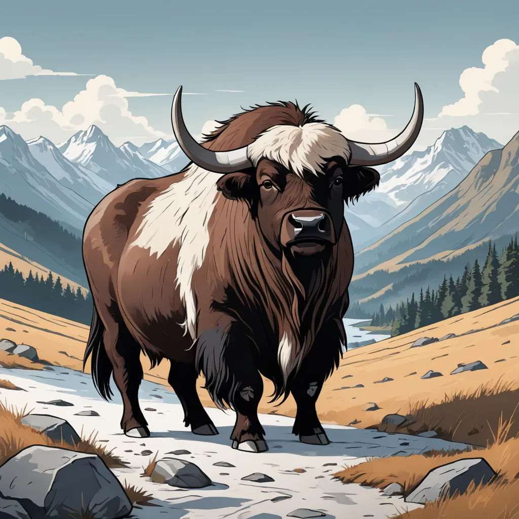 a bison is walking through a rocky field with mountains in the background and a stream running through the grass, furry art, an ultrafine detailed painting, Dan Mumford, josan gonzales and dan mumford