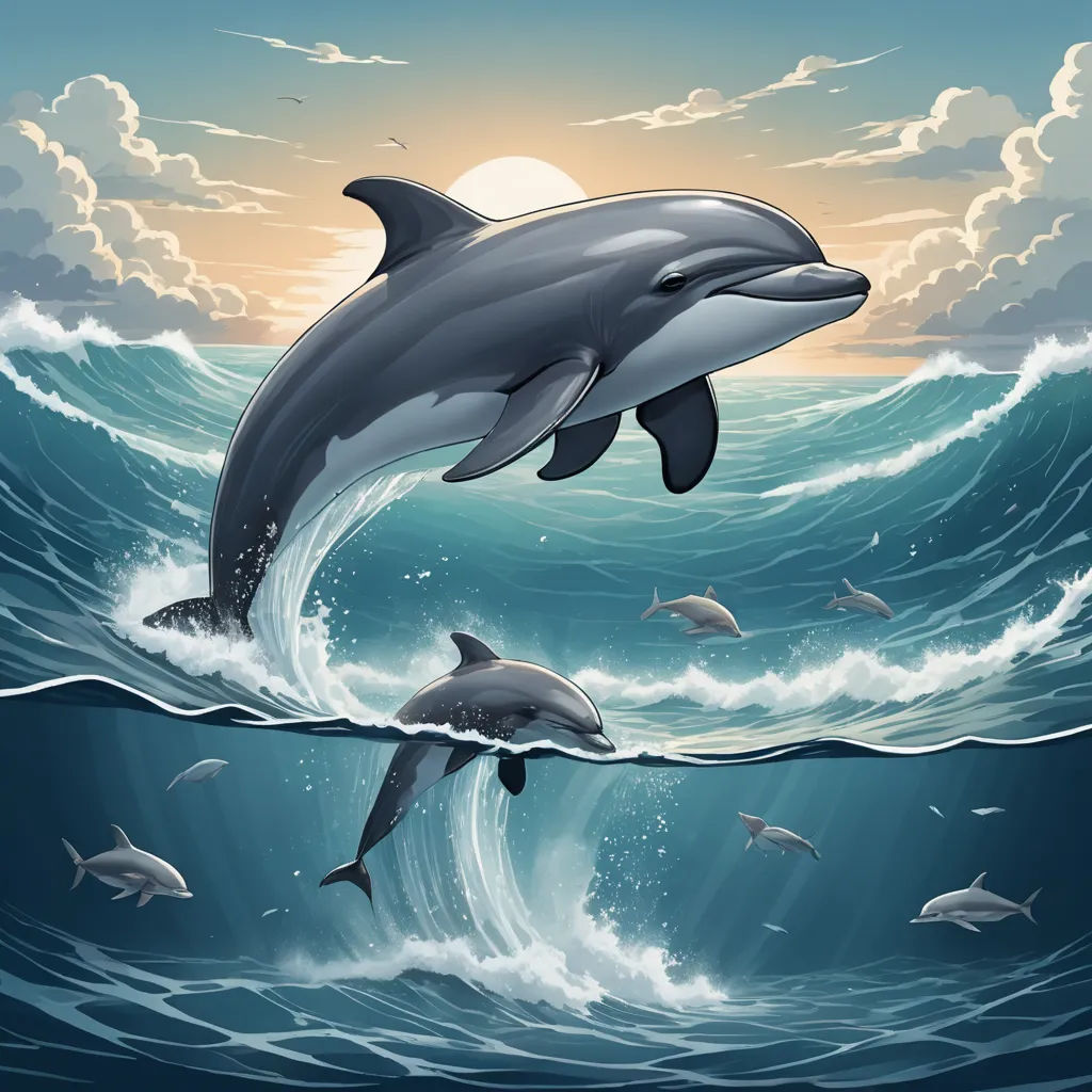 a dolphin jumping out of the water with a group of dolphins below it in the ocean with a sunset in the background, rayonism, an airbrush painting, Cyril Rolando, detailed illustration