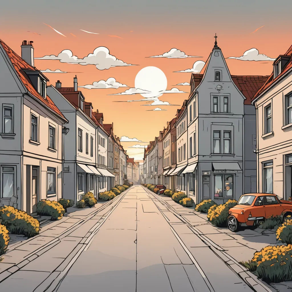 a drawing of a street with a car parked on the side of it and a sunset in the background, serial art, a comic book panel, Chris Ware, graphic novel