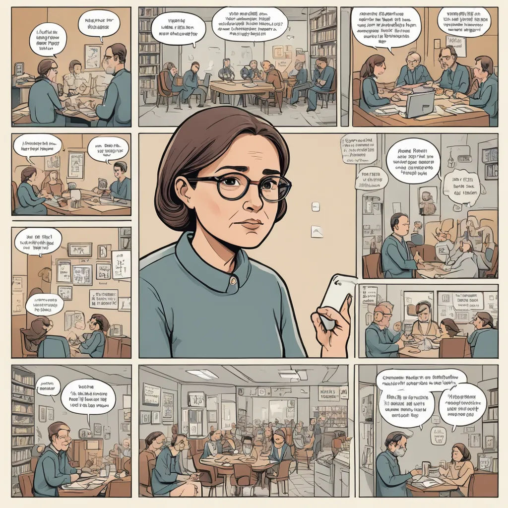 a comic strip with a woman in a blue shirt and glasses looking at a cell phone in a library, art & language, a comic book panel, Chris Ware, graphic novel