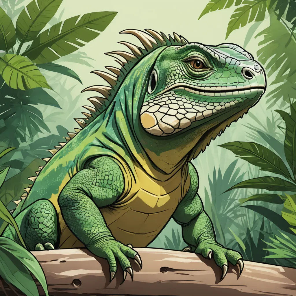 a green iguana sitting on a branch in a jungle setting with leaves and plants around it, looking to the side, sumatraism, an illustration of, Adam Rex, high detail illustration
