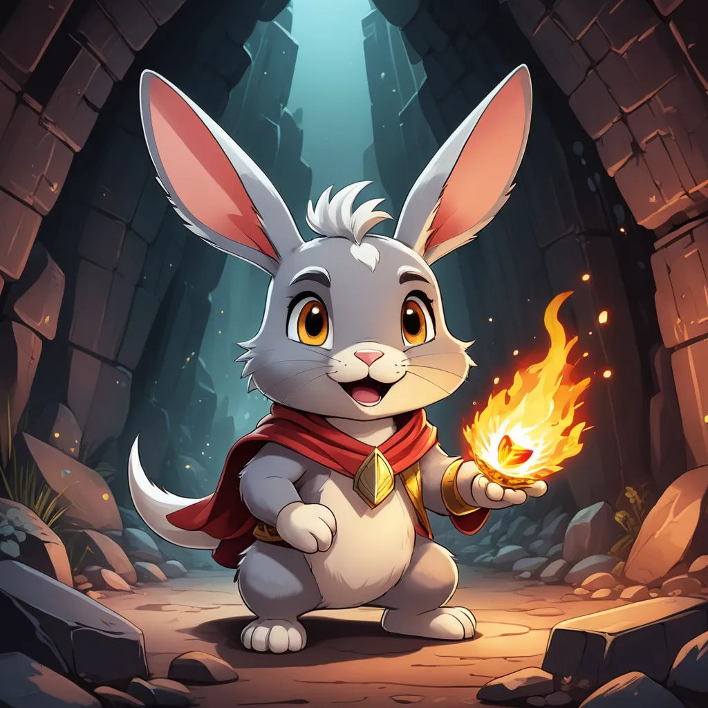a rabbit holding a fire in its hand in a cave with rocks and a stone wall in the background, furry art, a character portrait, Chris LaBrooy, rossdraws global illumination