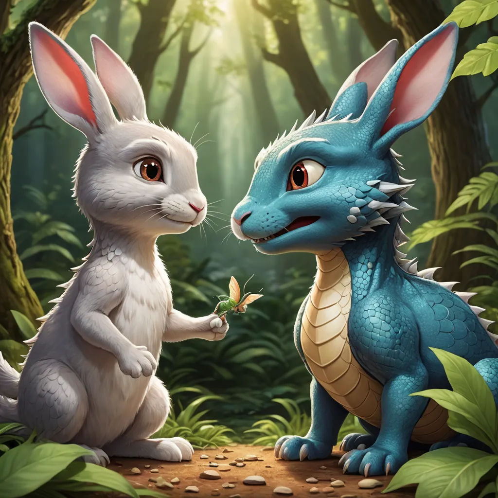 a blue and white rabbit and a blue dragon in a forest with trees and rocks and leaves on the ground, furry art, a storybook illustration, Abidin Dino, dragon art
