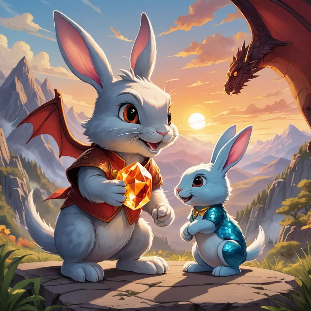 a rabbit and a dragon are standing on a rock together in front of a mountain landscape with a sunset, altermodern, a storybook illustration, Clint Cearley, rossdraws global illumination