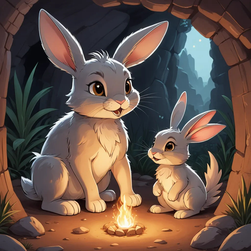 a rabbit and a bunny sitting in a cave with a fire in it's mouth and another bunny standing next to it, furry art, a storybook illustration, Beatrix Potter, rossdraws global illumination