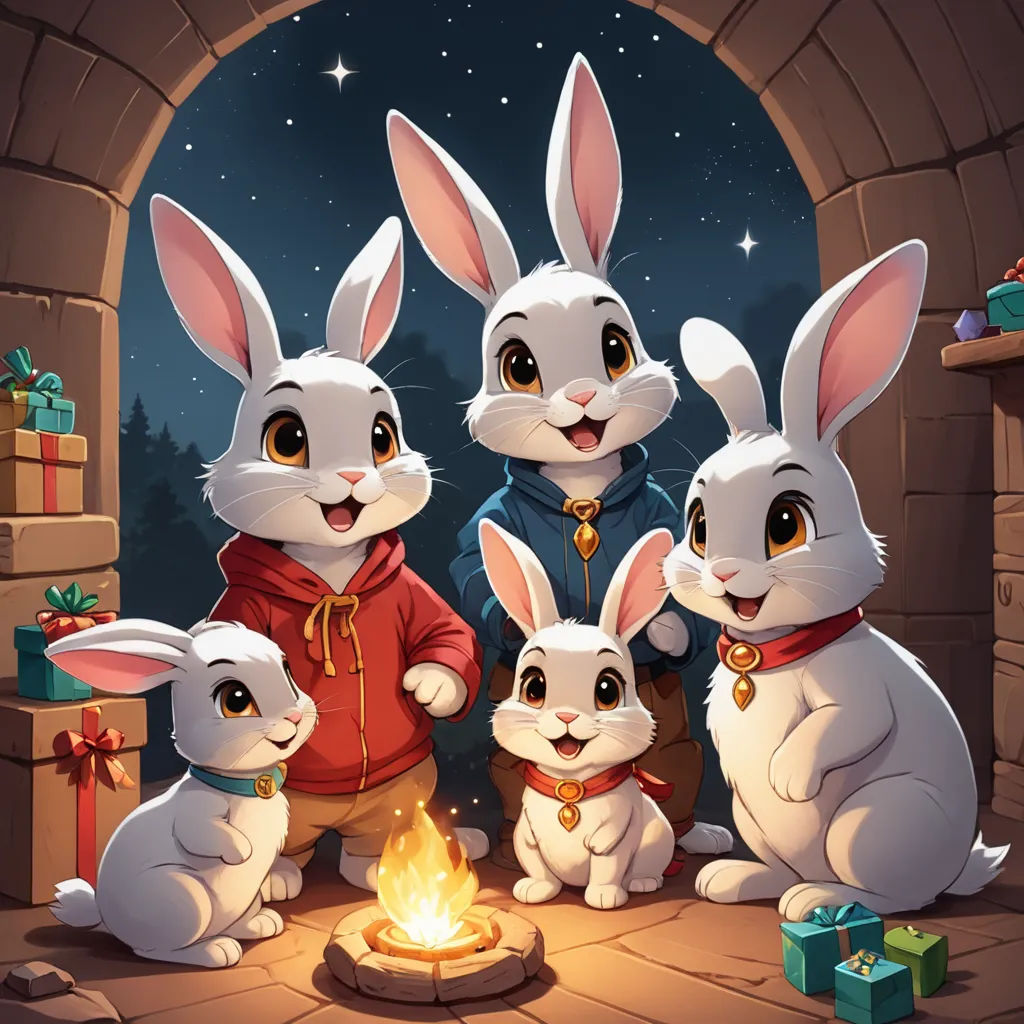 a group of rabbits sitting around a fire in a fireplace with presents on the floor and a man standing next to them, furry art, a storybook illustration, Beatrix Potter, rossdraws global illumination