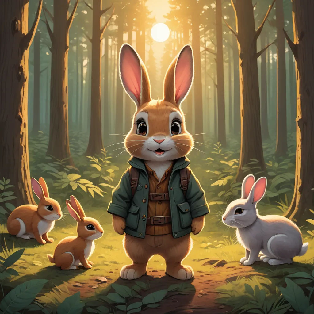 a rabbit and two rabbits in a forest with the sun shining through the trees behind them, with a person standing in the middle of the picture, furry art, poster art, Dan Mumford, official art