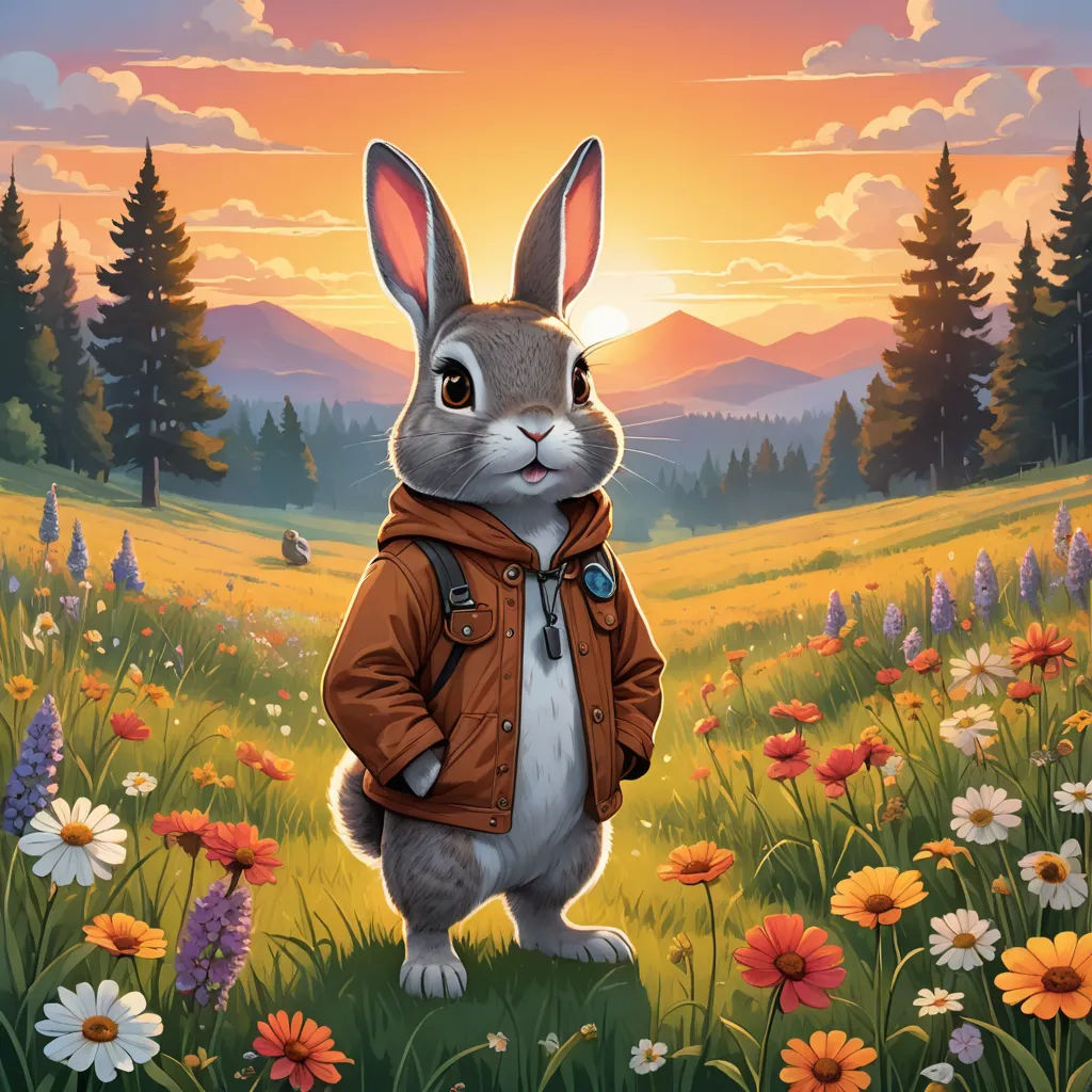 a painting of a rabbit in a field of flowers with a sunset in the background and a person in a brown jacket, furry art, a character portrait, Chris LaBrooy, official art