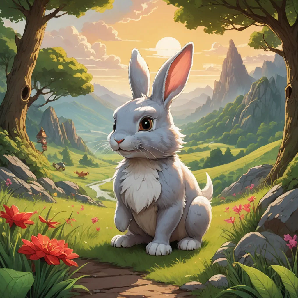 a rabbit sitting in the grass near a forest with flowers and rocks in the background, with a sunset in the background, altermodern, a storybook illustration, Chris LaBrooy, rossdraws global illumination