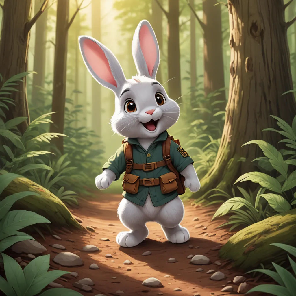 a rabbit is standing in the middle of a forest with a backpack on it's back and a forest scene behind it, furry art, a character portrait, Beatrix Potter, rossdraws global illumination