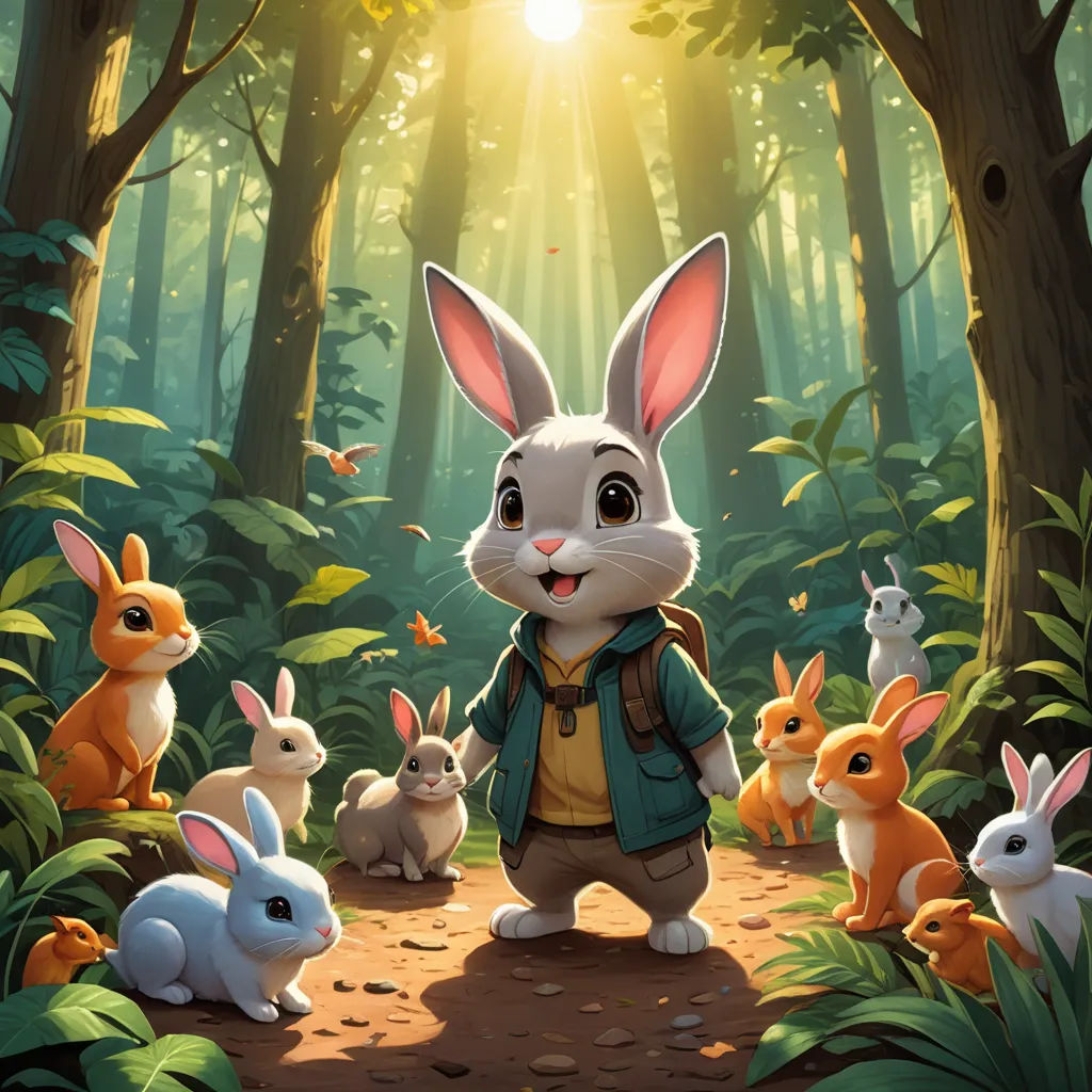 a rabbit is standing in the middle of a forest with many rabbits around him and a sun shining through the trees, furry art, a storybook illustration, Chris LaBrooy, rossdraws global illumination