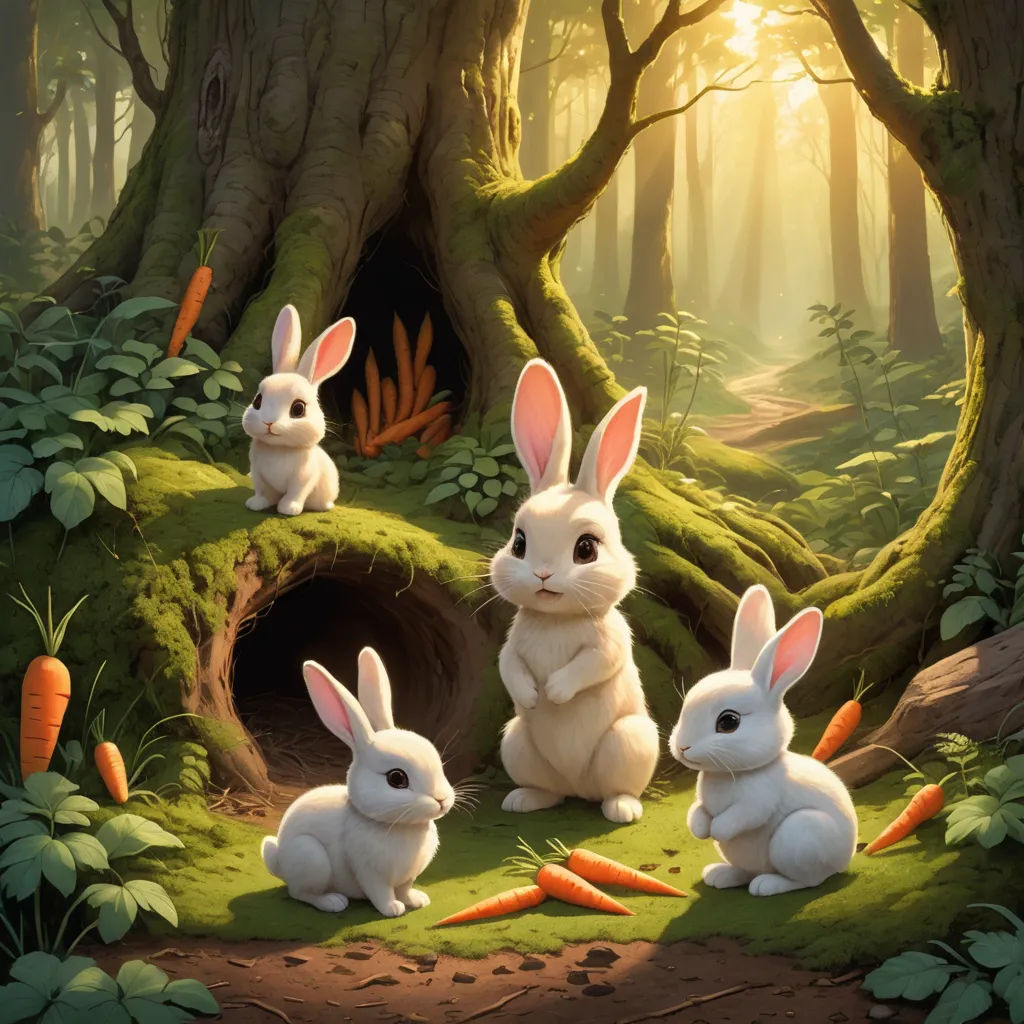 a painting of rabbits in a forest with a hole in the ground and carrots in the ground, and a sunbeam in the background, fantasy art, a storybook illustration, Chris LaBrooy, rossdraws global illumination