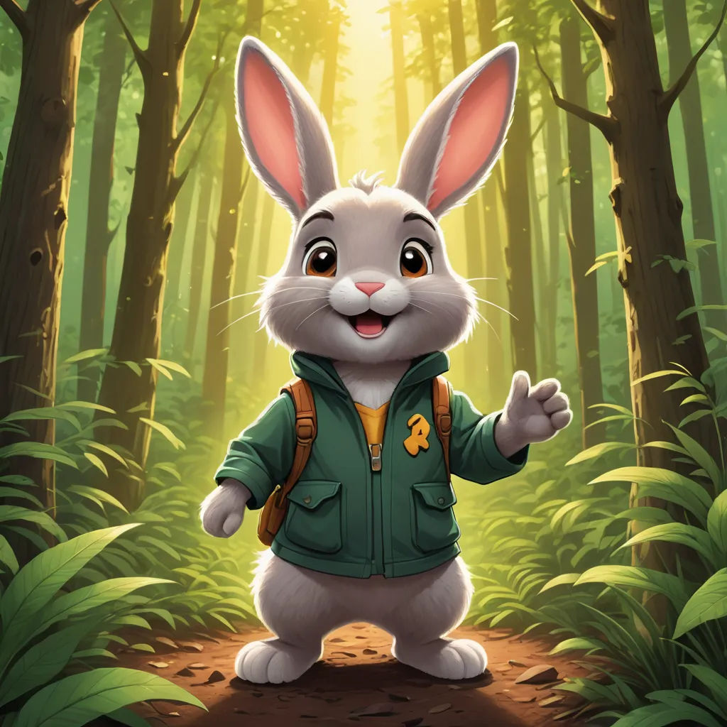 a cartoon bunny is standing in the woods with a backpack on his back and a light shining through the trees, furry art, a character portrait, Chris LaBrooy, official art