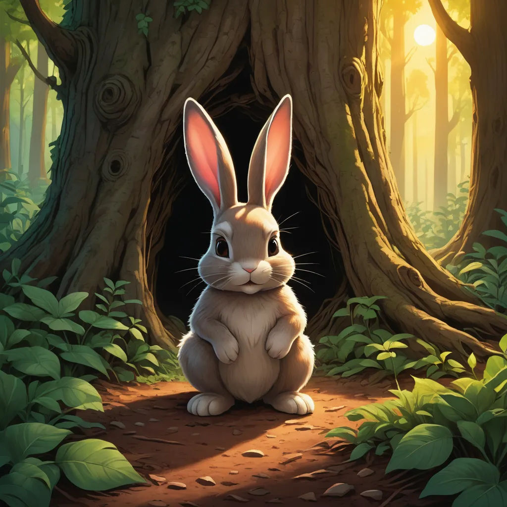 a rabbit sitting in the middle of a forest with a light shining through the trees behind it and a hole in the ground, fantasy art, a storybook illustration, Chris LaBrooy, rossdraws global illumination