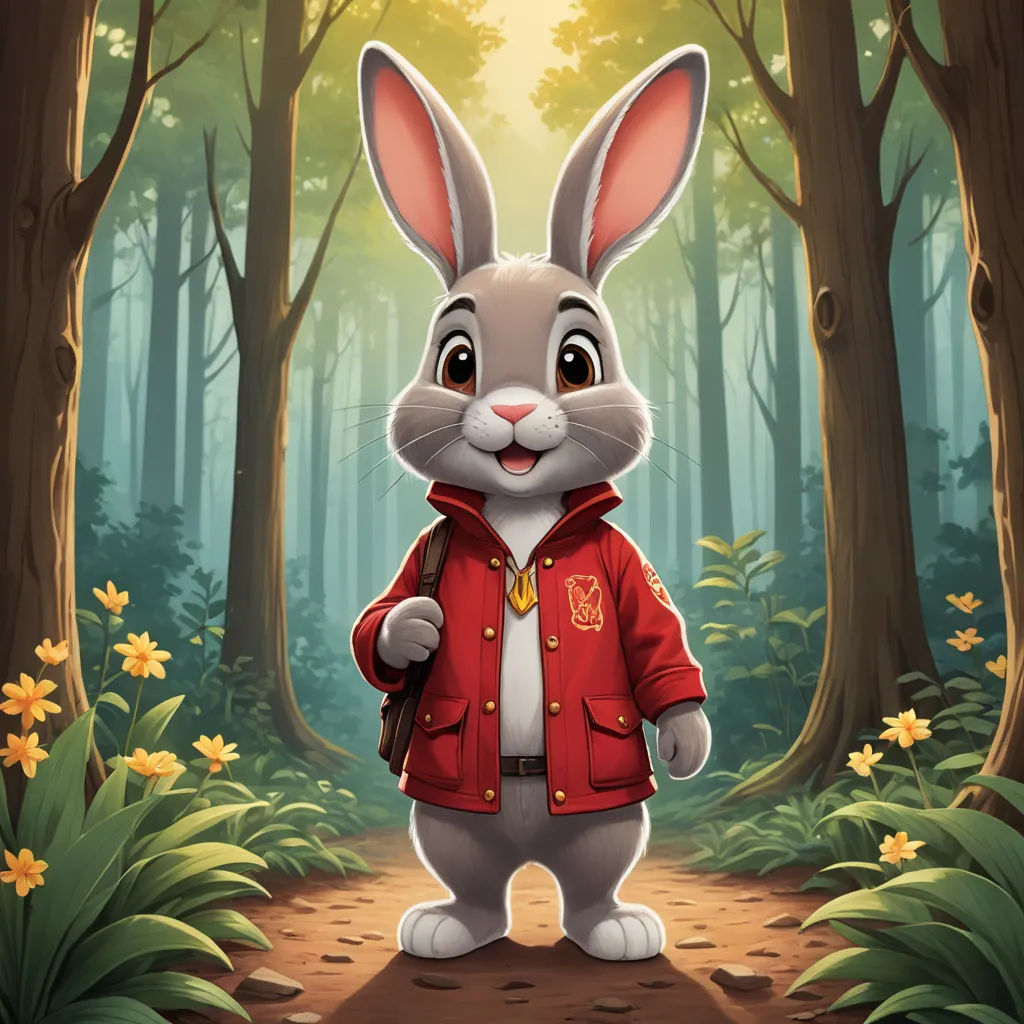 a rabbit in a red jacket standing in a forest with flowers and trees in the background, with a light shining on the ground, sots art, a character portrait, Dan Mumford, key art