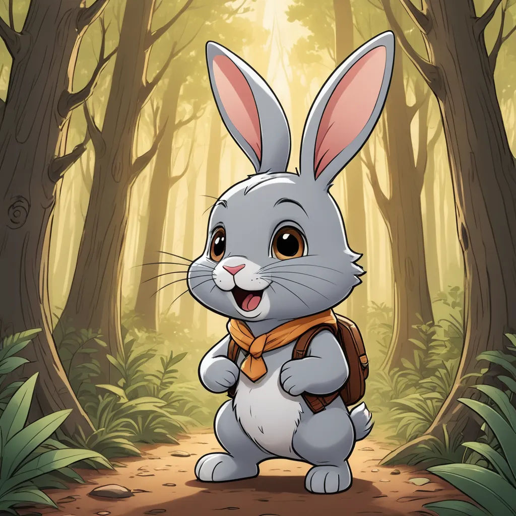 a cartoon bunny with a backpack in the woods with sunlight coming through the trees behind it and a forest path, furry art, a character portrait, Beatrix Potter, character portrait