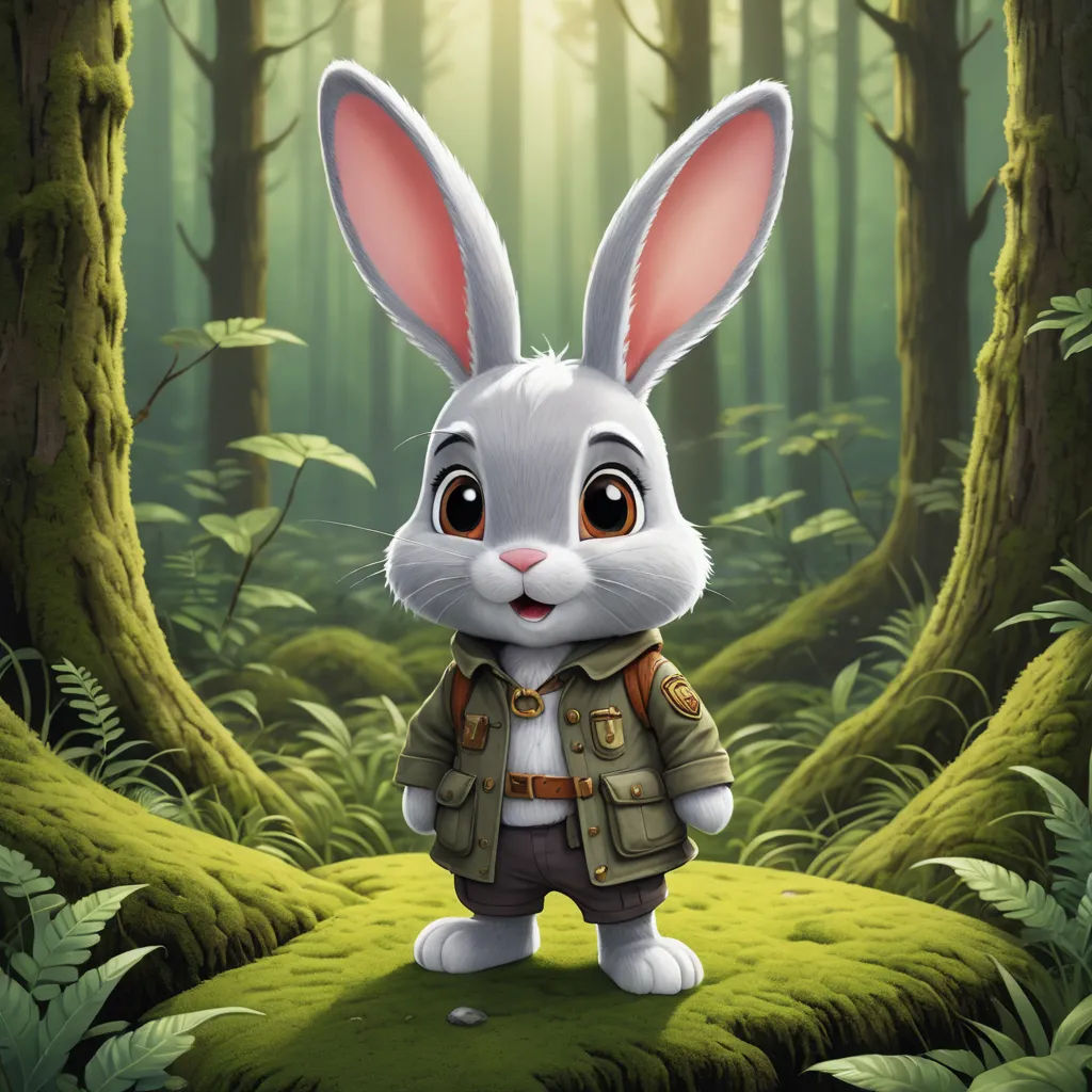 a rabbit in a forest with a jacket on and a forest background with trees and grass and a light shining through the trees, furry art, a character portrait, Beatrix Potter, official art