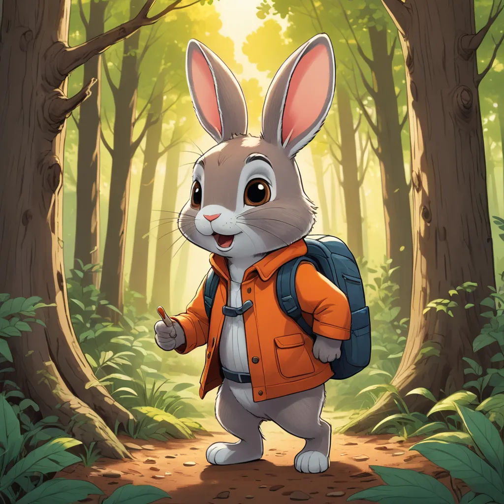 a cartoon bunny with a backpack in the woods pointing at something in the distance with a light shining on the ground, furry art, a character portrait, Chris LaBrooy, official art