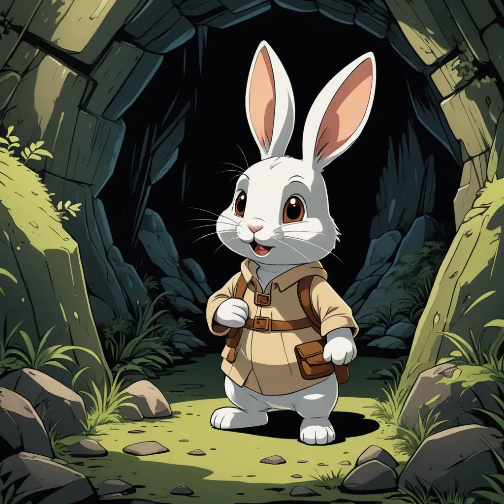 a rabbit in a cave with a backpack on his back and a backpack on his chest, standing in front of a tunnel, furry art, a character portrait, Beatrix Potter, rossdraws global illumination