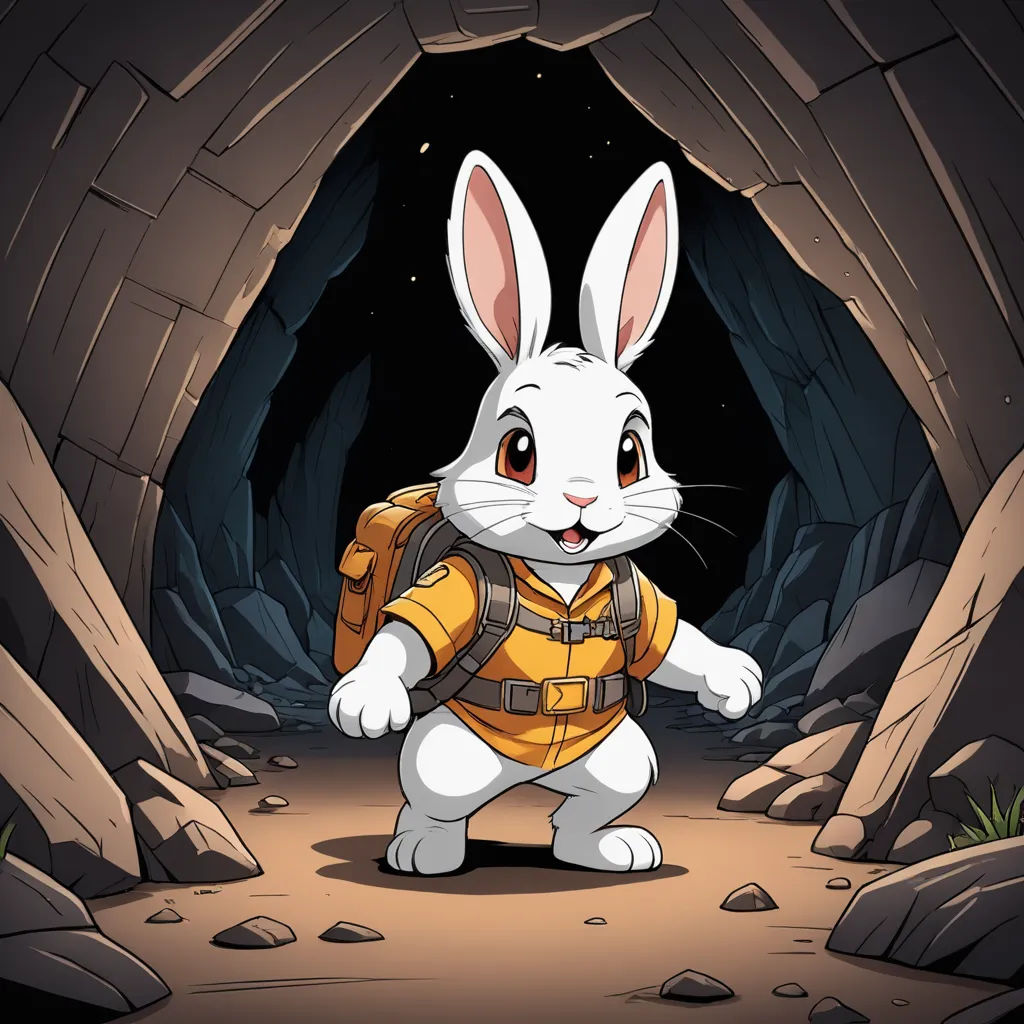 a rabbit in a yellow jacket is standing in a cave with a backpack on his back and a star in the background, sots art, a character portrait, Beatrix Potter, rossdraws global illumination