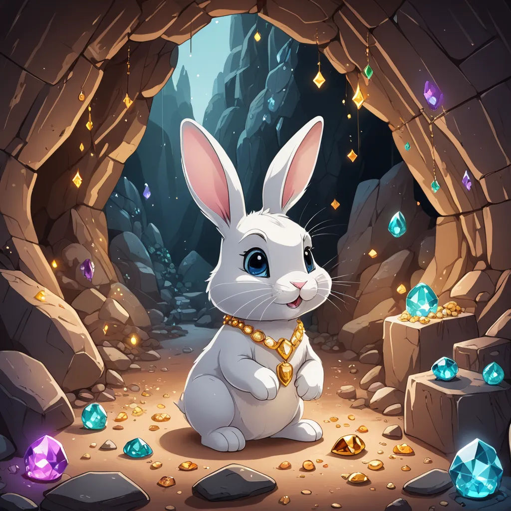 a rabbit sitting in a cave with jewels around it's ankles and a gold necklace around its neck, fantasy art, a character portrait, Anne Stokes, rossdraws global illumination
