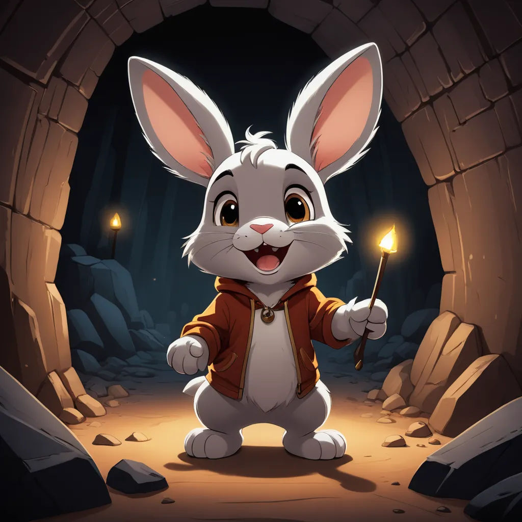 a rabbit holding a candle in a cave with a light in its hand and a stone archway behind it, furry art, a character portrait, Du Jin, rossdraws global illumination