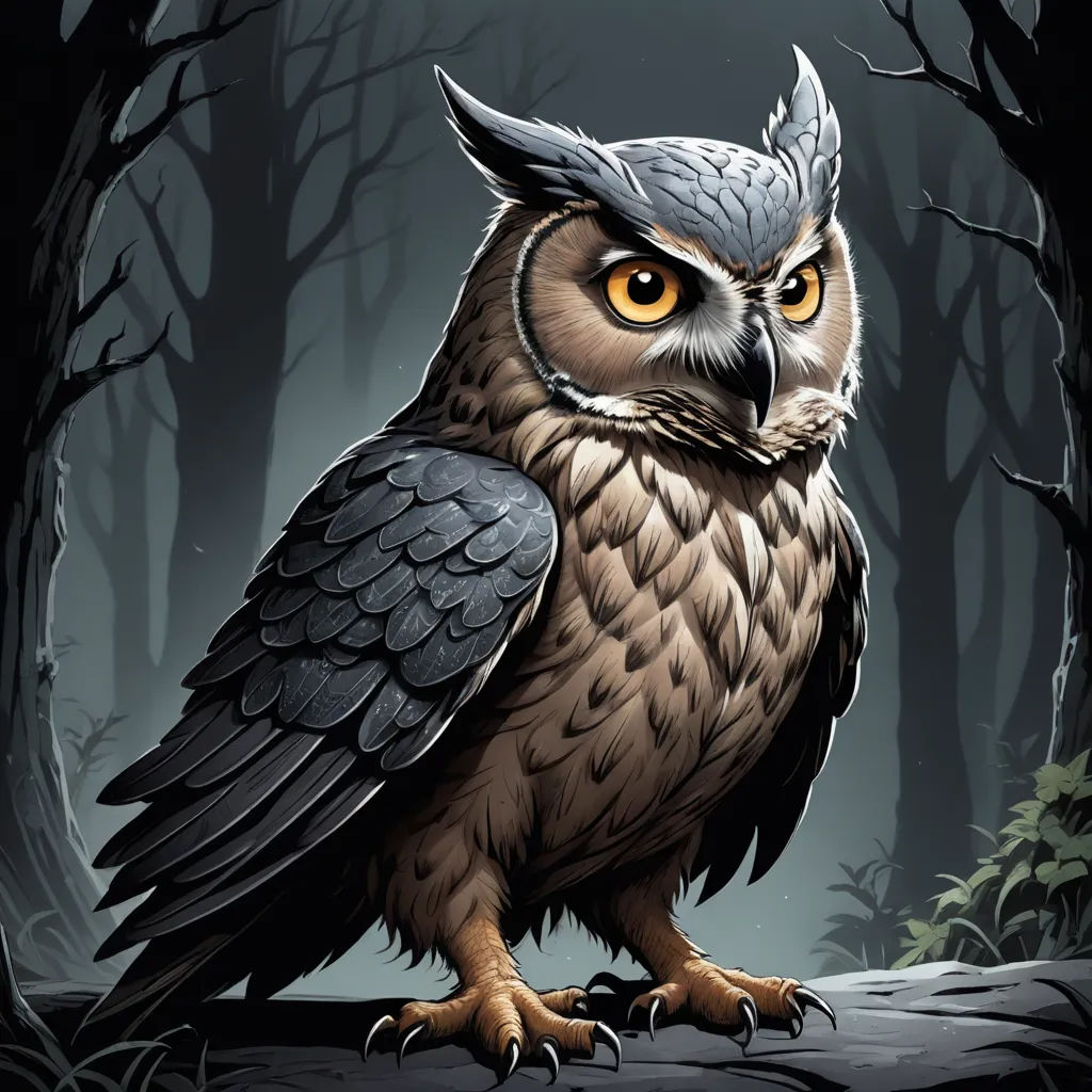 a cartoon owl with a weird look on its face sitting on a branch in a forest with trees and fog, sots art, a character portrait, Brom, game art