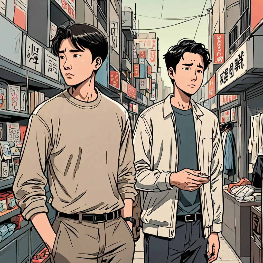 two men standing in a store looking at something in the distance with a man in the foreground looking at something in the background, serial art, a comic book panel, Asaf Hanuka, graphic novel