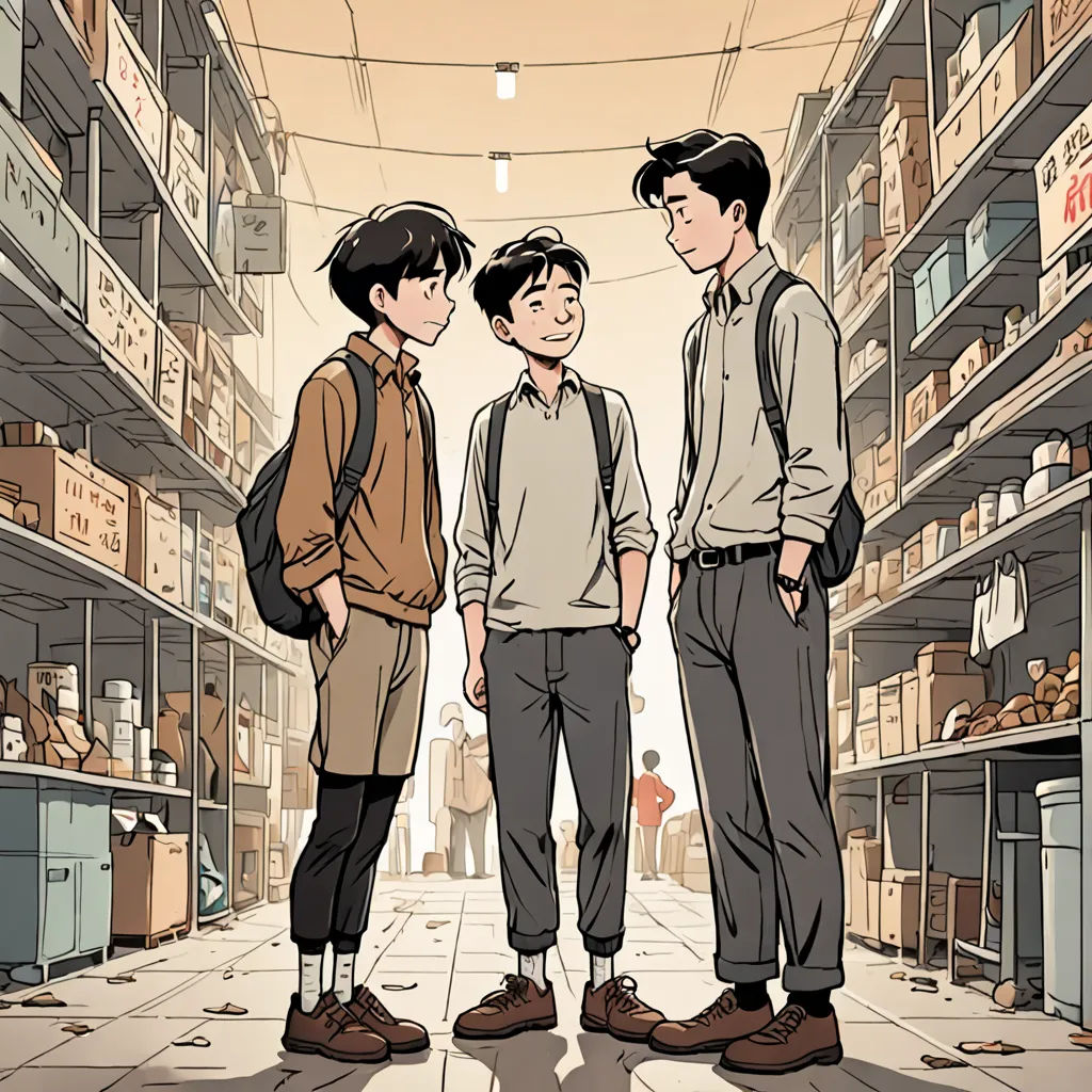 three men standing in a store looking at each other with shelves of shelves in the background and a man in the foreground, serial art, a comic book panel, Asaf Hanuka, official art