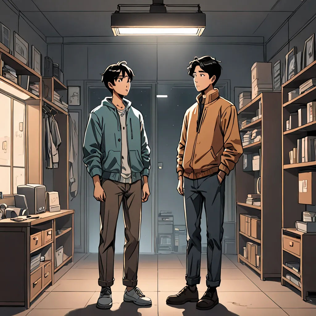 two men standing in a room with a book shelf and a desk in the background, one of them is looking at the other, serial art, a comic book panel, Du Jin, official art