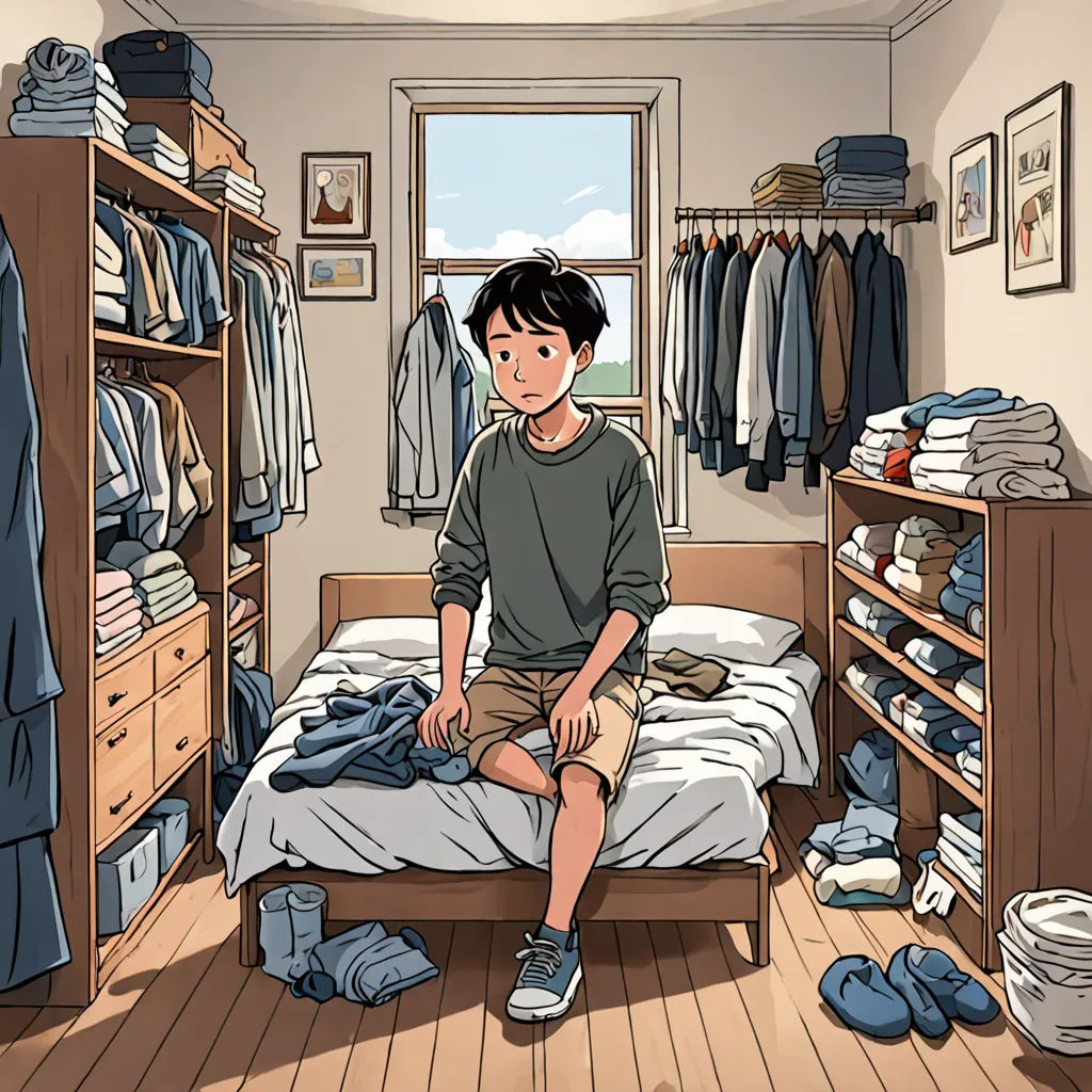 a boy sitting on a bed in a bedroom with a lot of clothes on the shelves and a window, visual art, a comic book panel, Asaf Hanuka, official art
