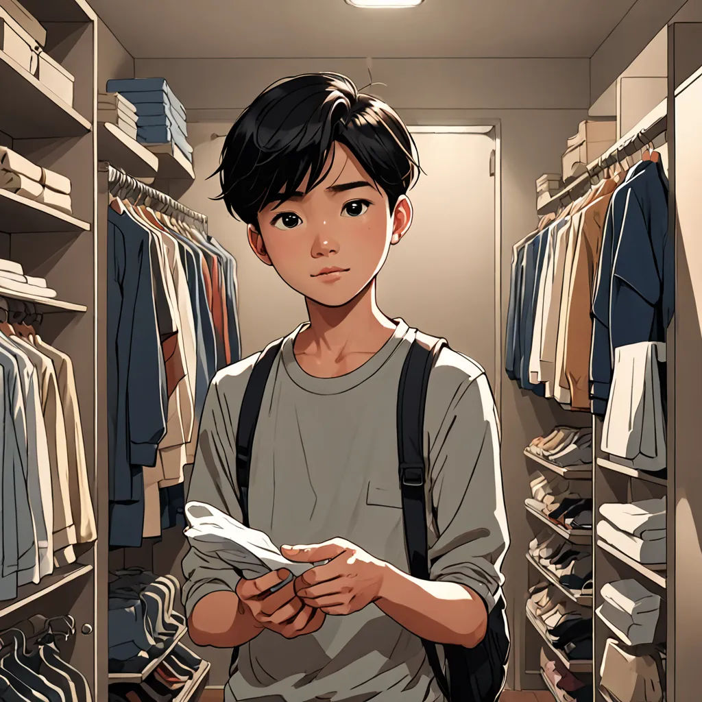 a man standing in a closet with a paper in his hand and a bag in his other hand, with a lot of clothes on shelves, photorealism, a comic book panel, David Park, rossdraws global illumination