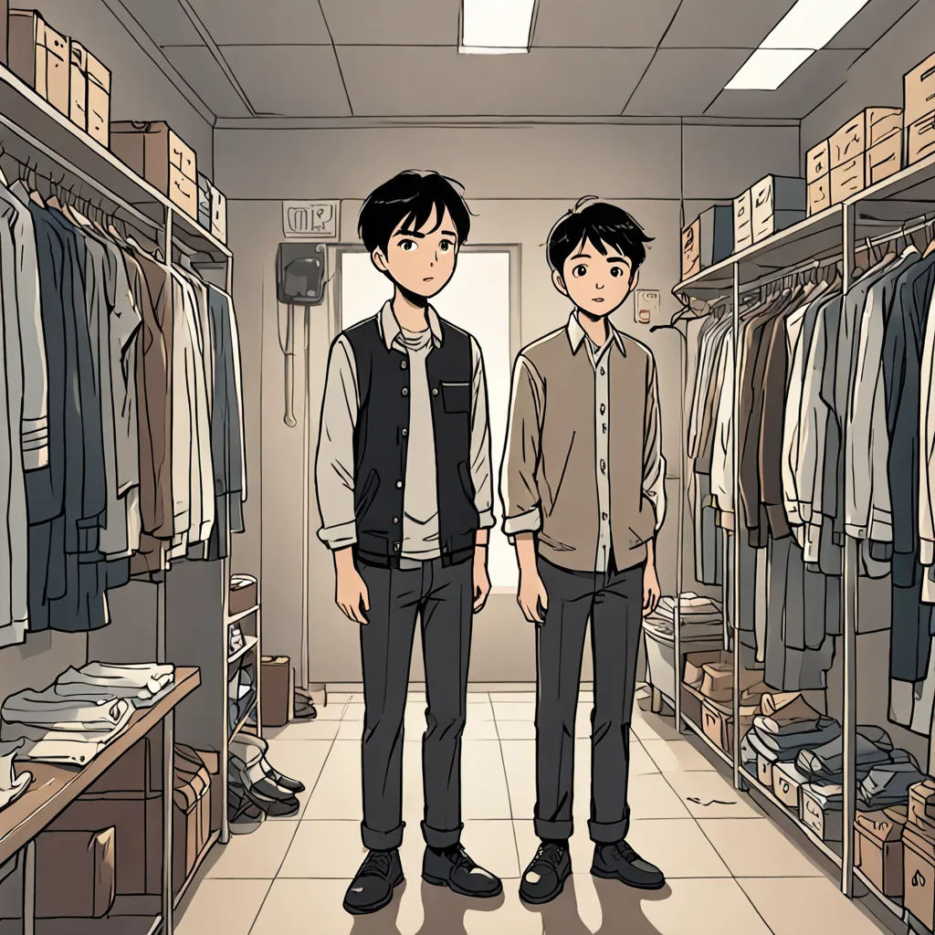 two men standing in a closet with clothes on racks and boxes on the floor and boxes on the floor, serial art, a screenshot, Byeon Sang-byeok, official art