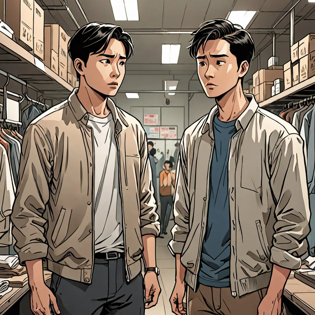 two men standing in a room with shelves of clothes and boxes on the walls and a man in the background, serial art, a comic book panel, David Park, graphic novel