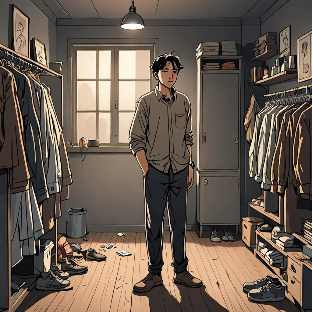 a man standing in a room with a lot of clothes on the floor and a window in the background, serial art, a comic book panel, David Park, official art